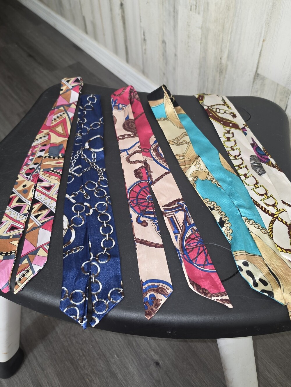 ONE Silky Multicolor Patterned Skinny Scarves / Twilly - NWOT